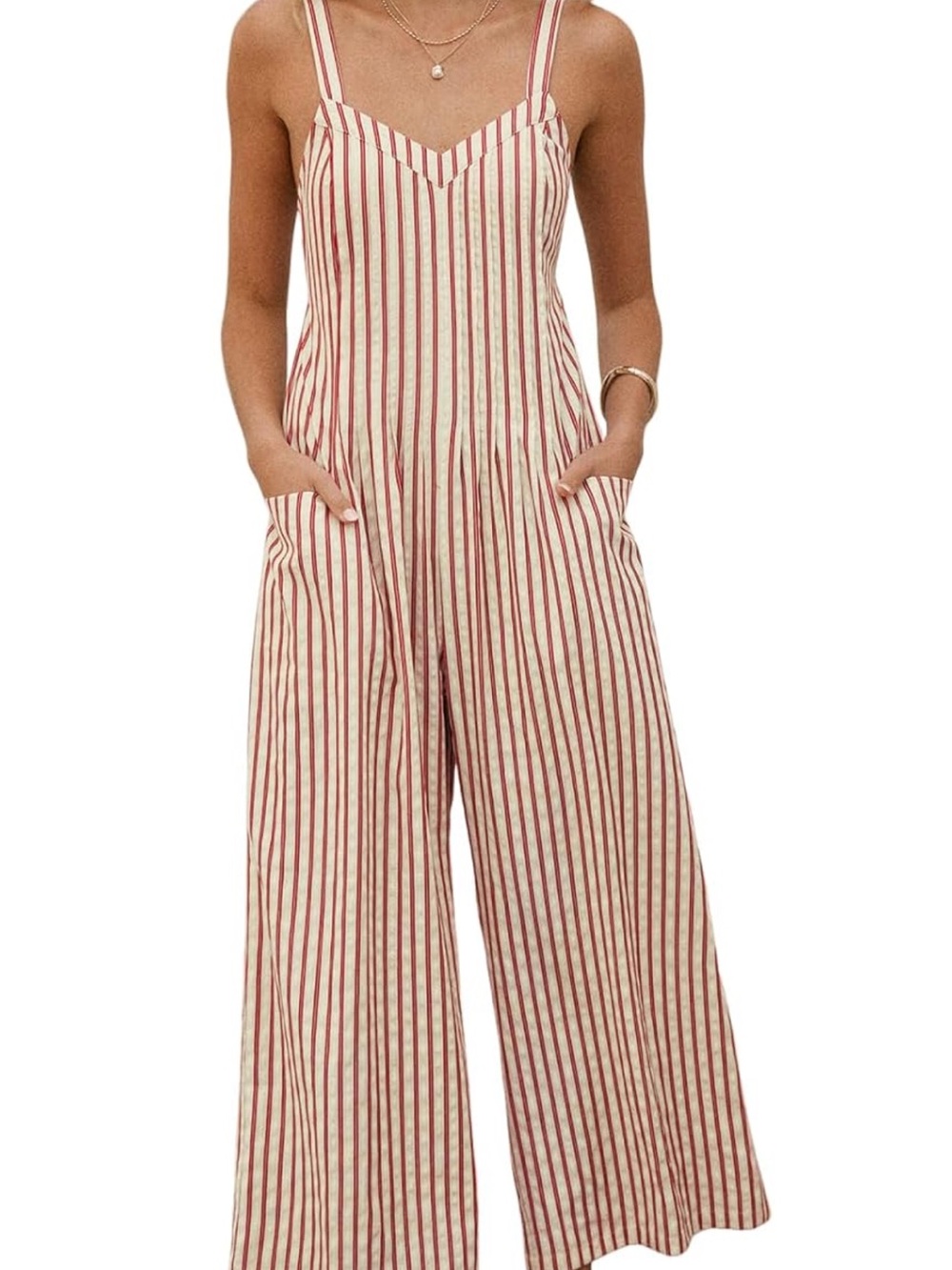 Cupshe Cream Jumpsuit with burgundy Pinstripes